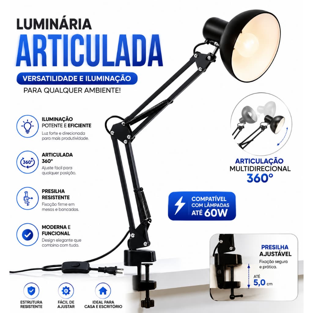 GG Luminária Pixar Luxo Articulada Metalizado de Mesa com Garra