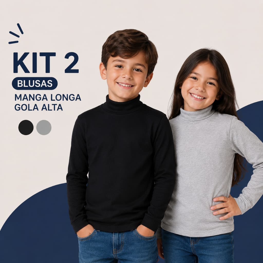 Kit 2 Blusa Gola Alta Manga Longa Menino Menina Unissex 1 ao 14 Anos