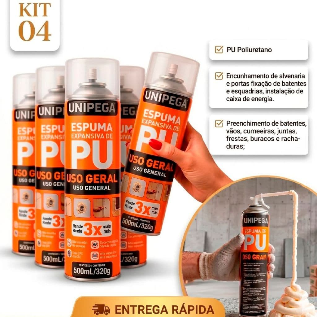 Espuma Expansiva Poliuretano 4 Unidades Porta Telhado PU Vedação Janela Casa Banheiro 500ml Unipega