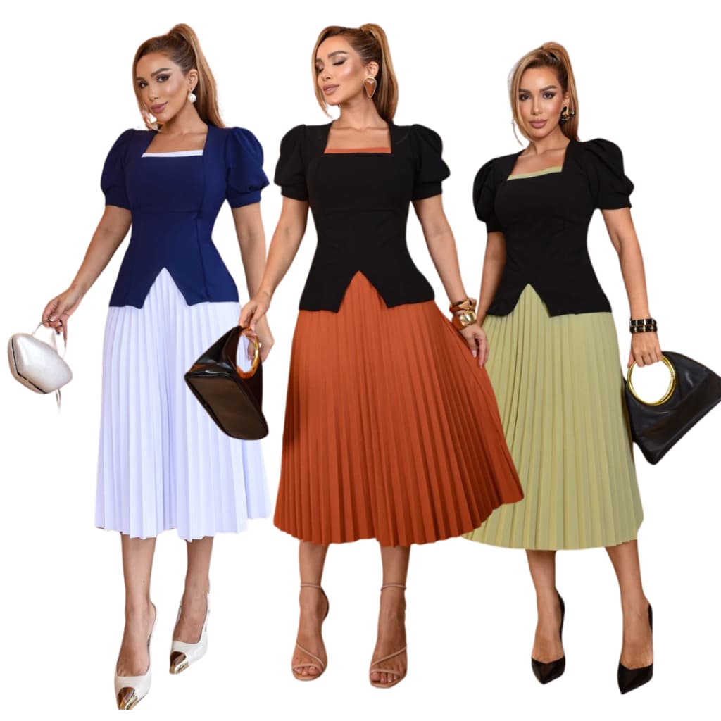 CONJUNTO FEMININO MIDI PLISSADO MANGA CURTA MULHER ELEGANTE