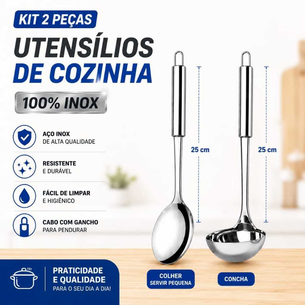 Kit 2 Pecas Concha Para Feijão Caldos Sopa + Colher Arroz De Aço Inox Otima Qualidade Concha  + Colher