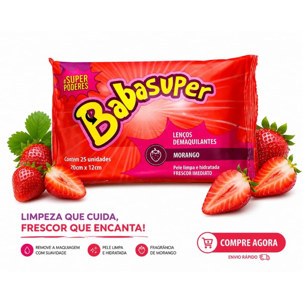 Lenço Removedor de Maquiagem Babasuper Morango 25 Un | Pele Limpa e Hidratada