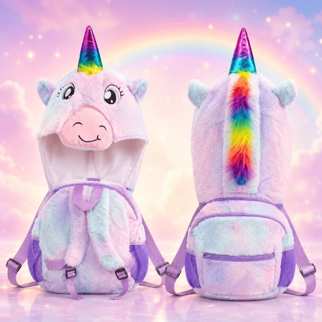 Mochila Infantil de Pelúcia com Desenho Unicórnio Animado e Capuz Removível.