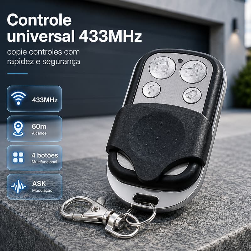 Controle remoto universal para portas de garagem elétricas, com chaveiro, 433MHz, 4 botões.