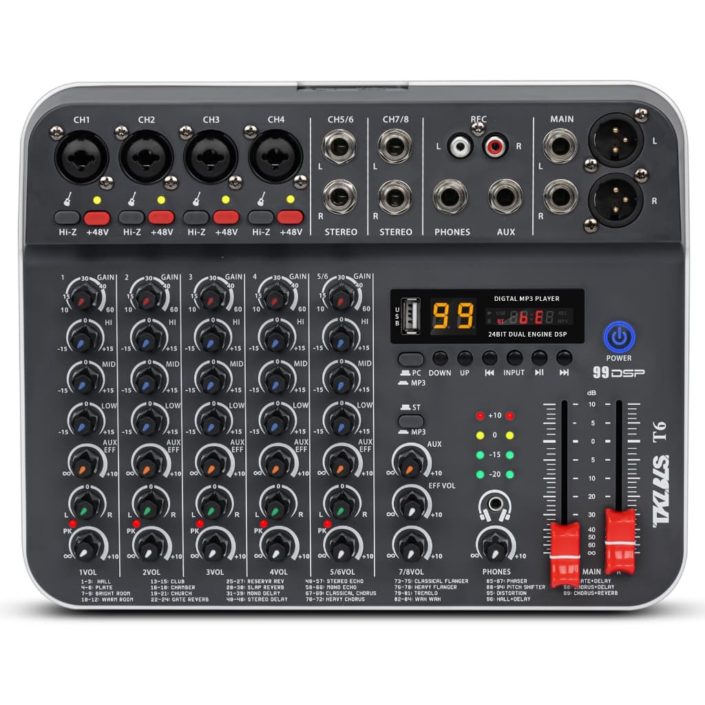 Mesa de Som Profissional T6 6 Canais TKLBLS Bluetooth USB Phantom Power 48V para PC e Live