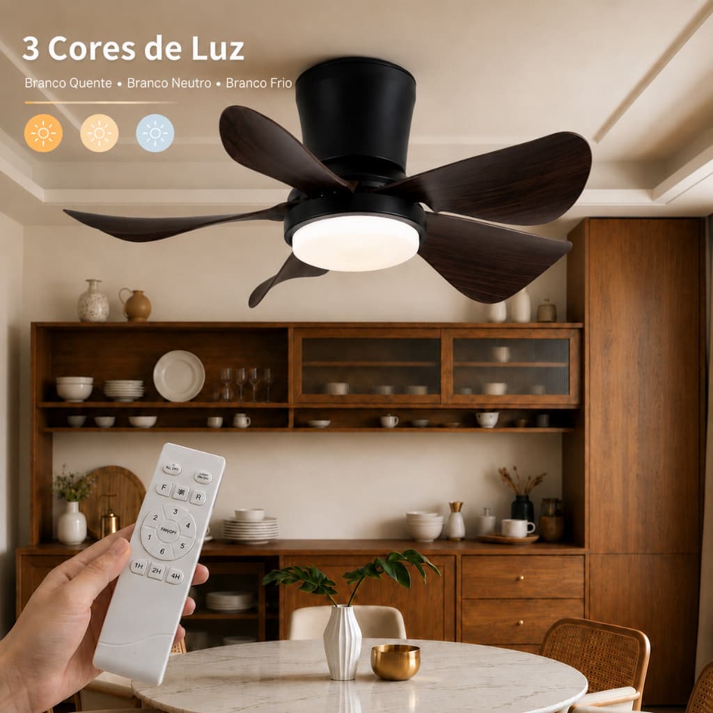 Ventilador de Teto LED 3 Cores Bivolt com Controle Remoto Silencioso para Sala Quarto Cozinha