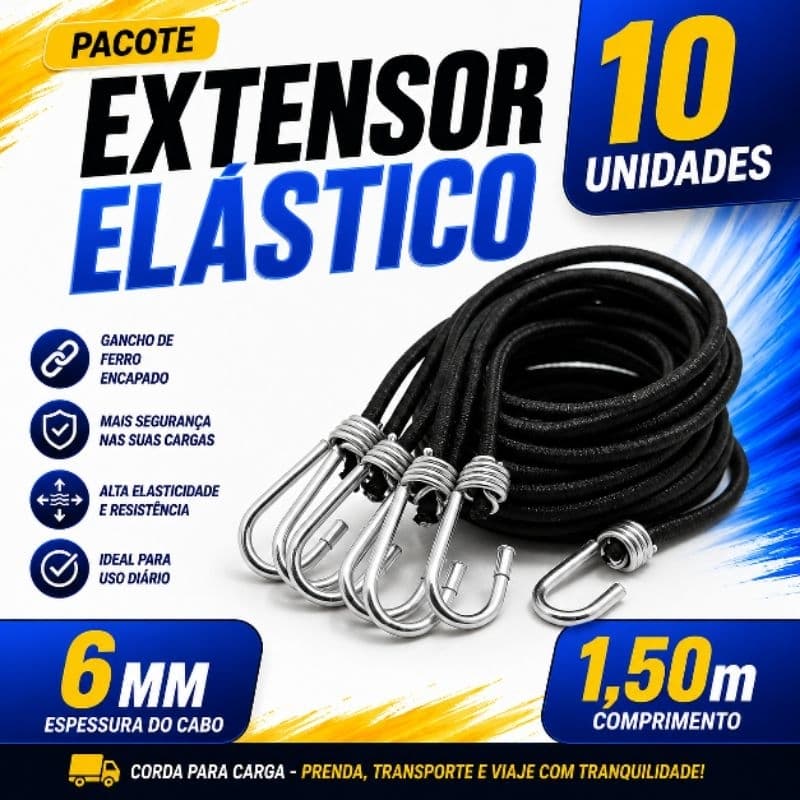 Extensor Elástico Reforçado 6mm 1,5m Kit Corda Elástica com Ganchos para Cargas Moto Bicicleta