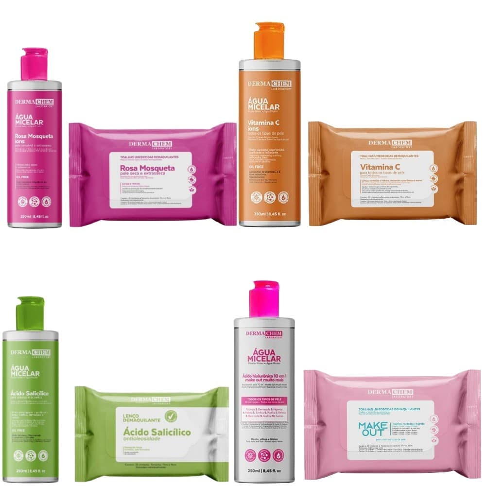 kIT AGUA MICELAR + LENÇOS DEMAQUILANTES LIMPEZA DE PELE, ROSTO, MAQUIAGEM DERMACHEM