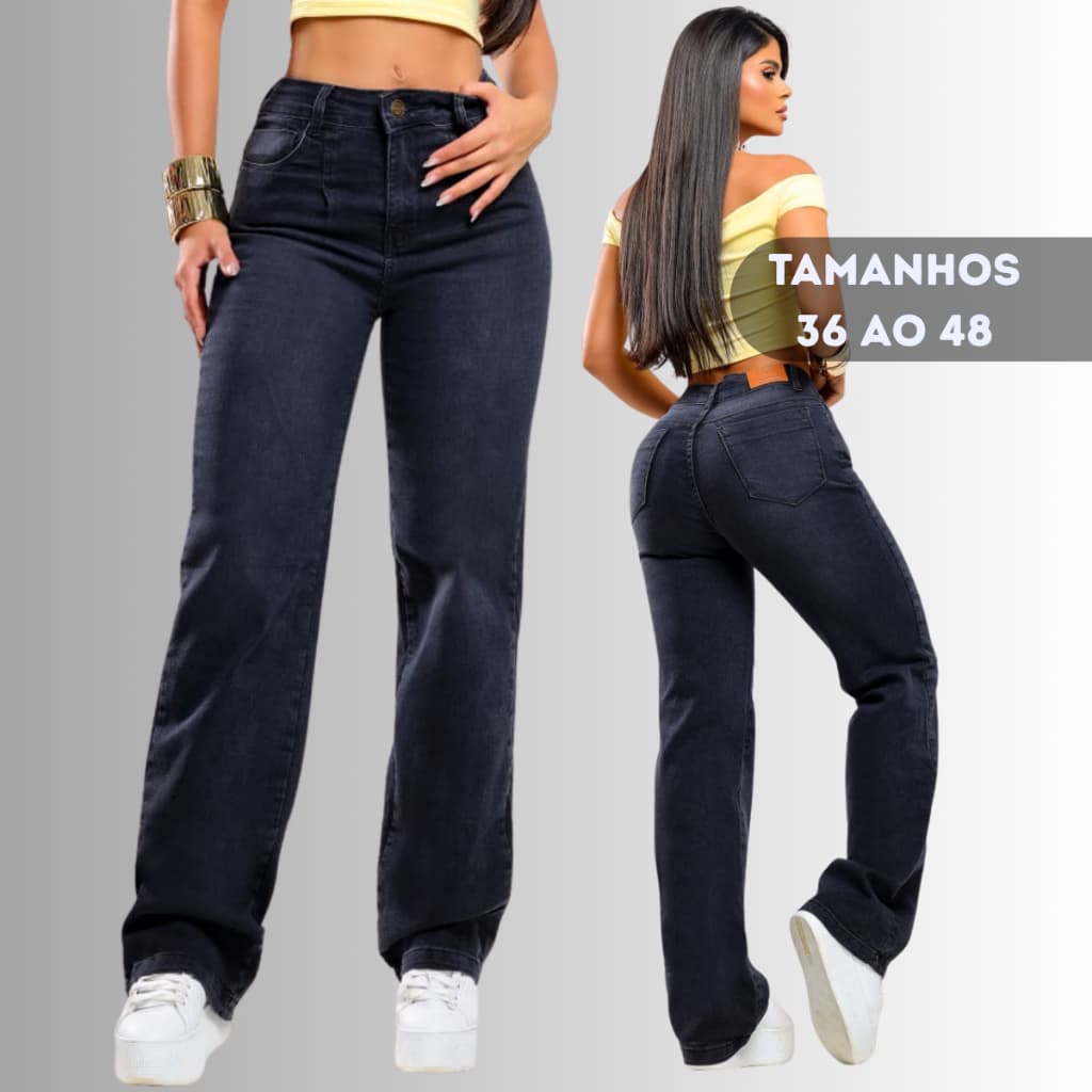 Calça Jeans Feminina Wide Leg Preto Estonado Cintura Alta Elastano Vest CONFORTAVEL