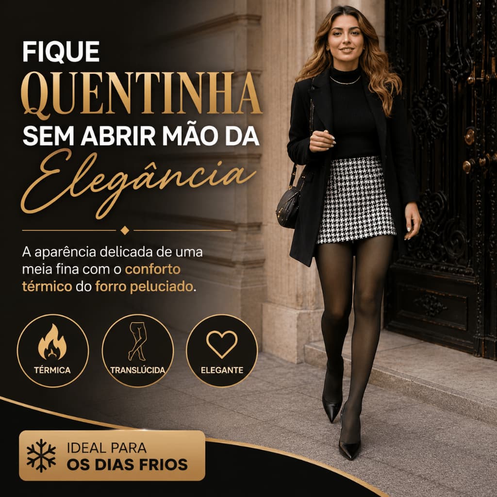 Meia Calça Térmica Peluciada Translucida 220g Feminina Forrada Fleece Cintura Alta Inverno Preta
