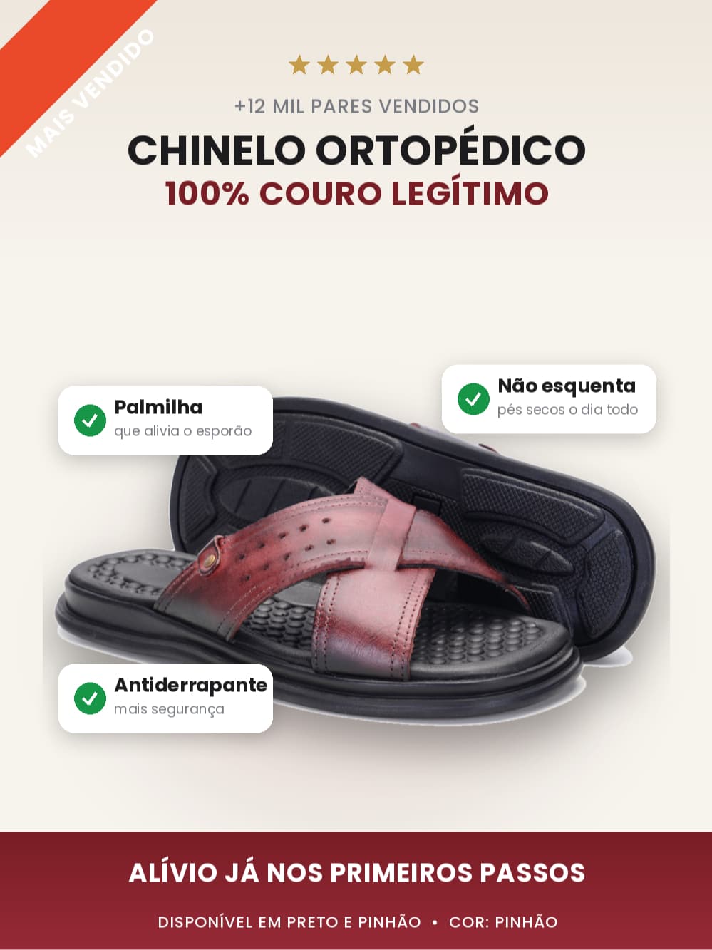 Sandália Franciscana Masculina Couro Legítimo Ortopédica Anti-Stress Confortável