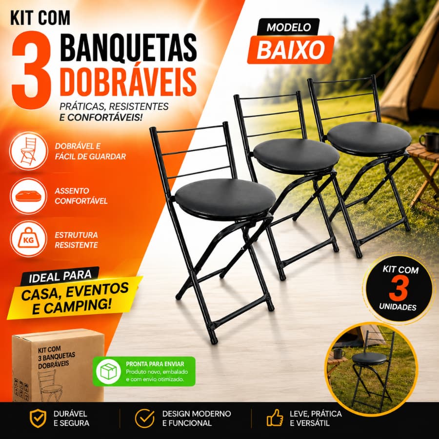 Jogo 3 Banquetas Baixas 3 Arames Dobrável Banco Cozinha Bancada Casa
