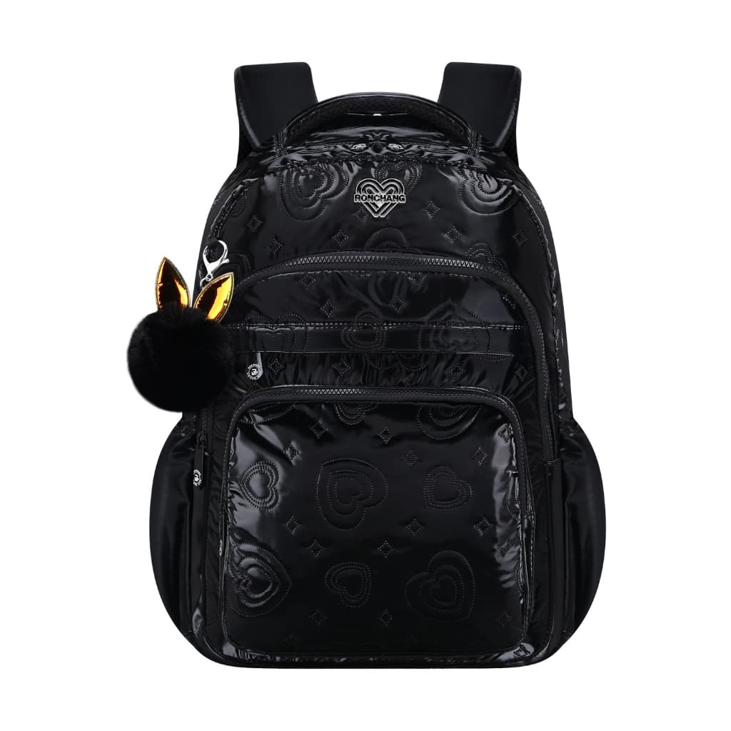 Mochila Escolar  Feminina Infantil com Coração em Relevo e Pompom Fofo Multibolsos Leve para Escola