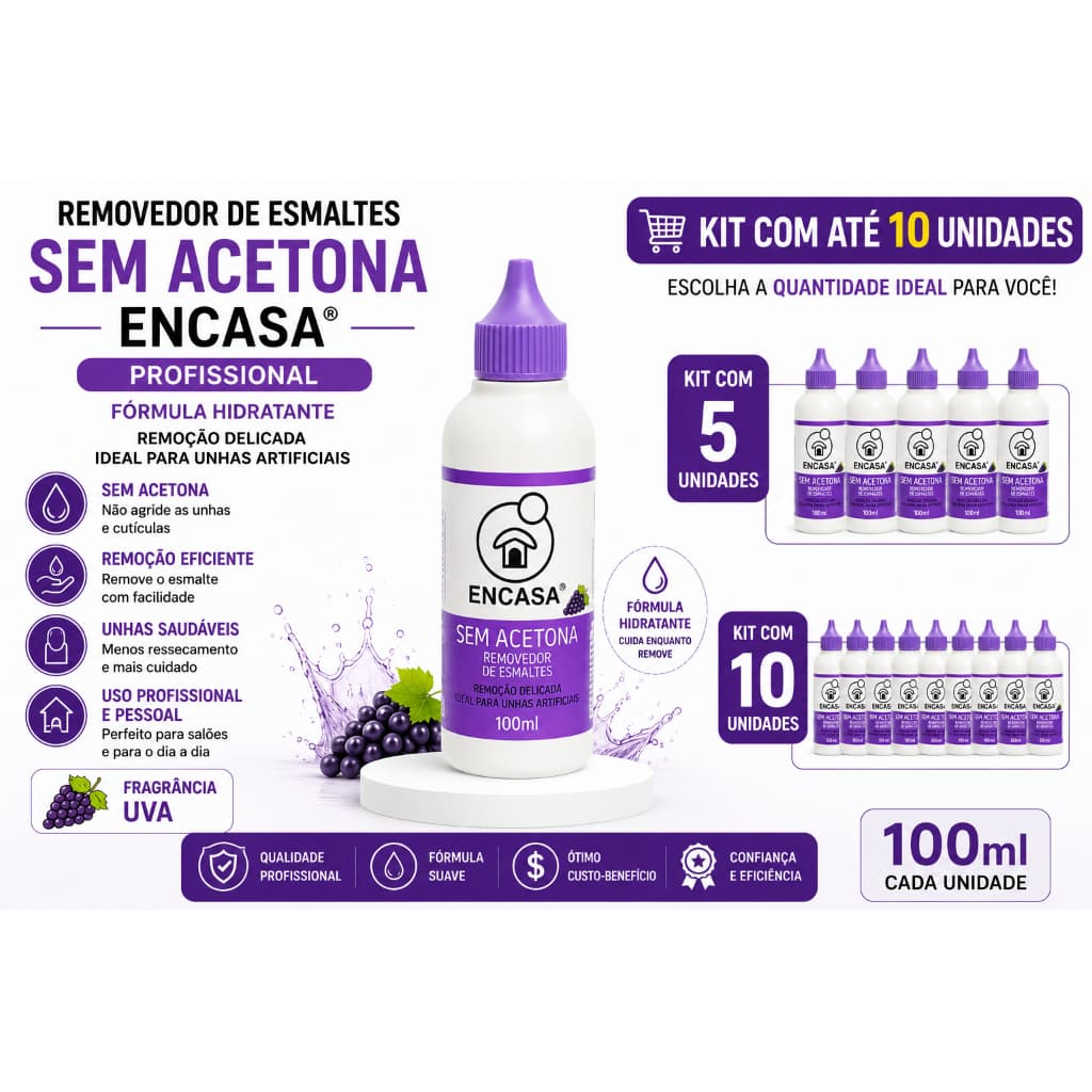 Removedor de Esmaltes sem acetona 100ml uva Profissional Kit com até 10 Unidades Alto Rendimento Encasa