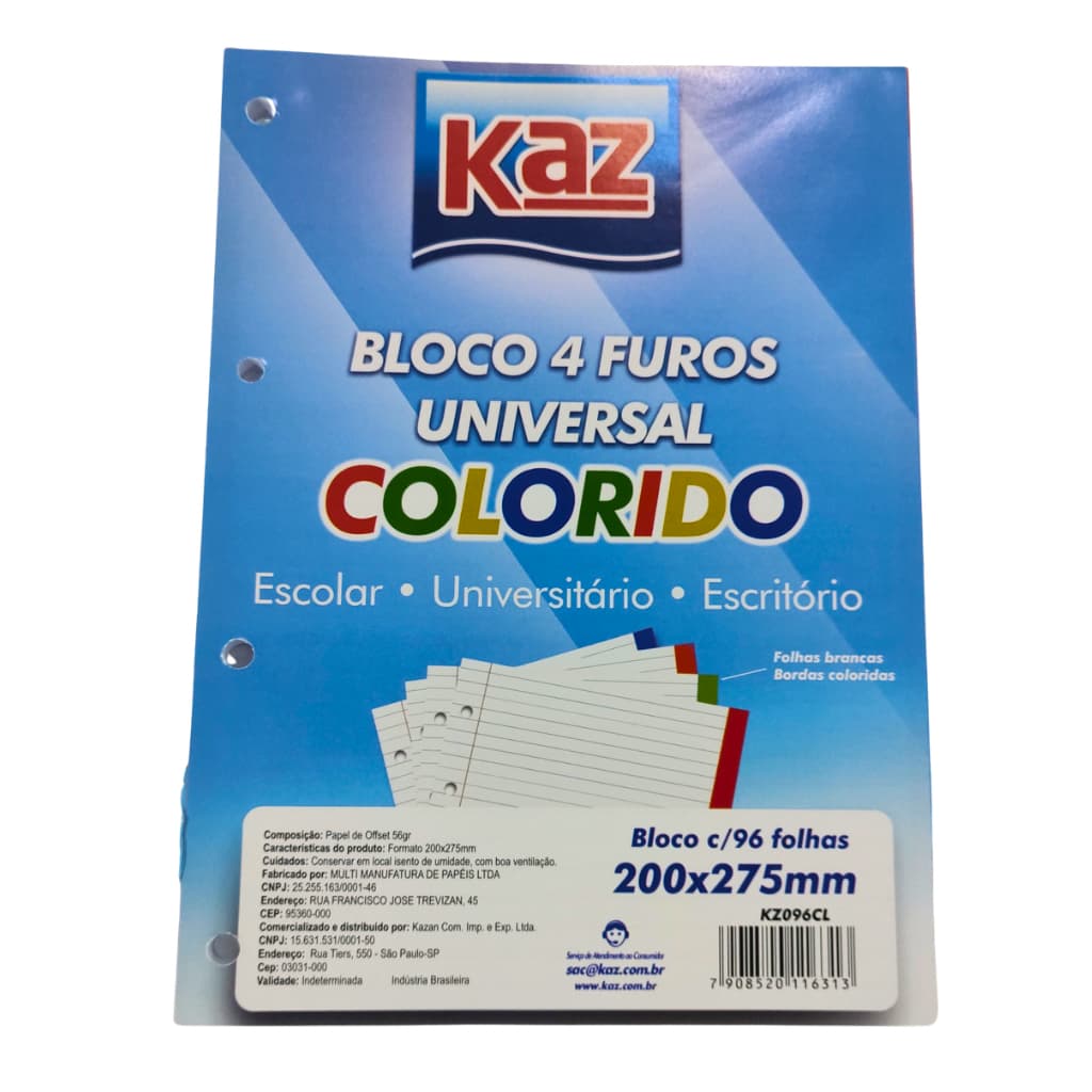 Bloco Fichário Universitário Colorido 96 Folhas KAZ - Bloco de Folhas Refil 4 Furos Universal