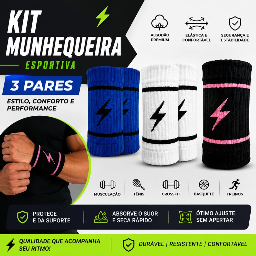 Kit com 3 Pares de Munhequeira Esportiva Ajustável Proteção Punho Academia