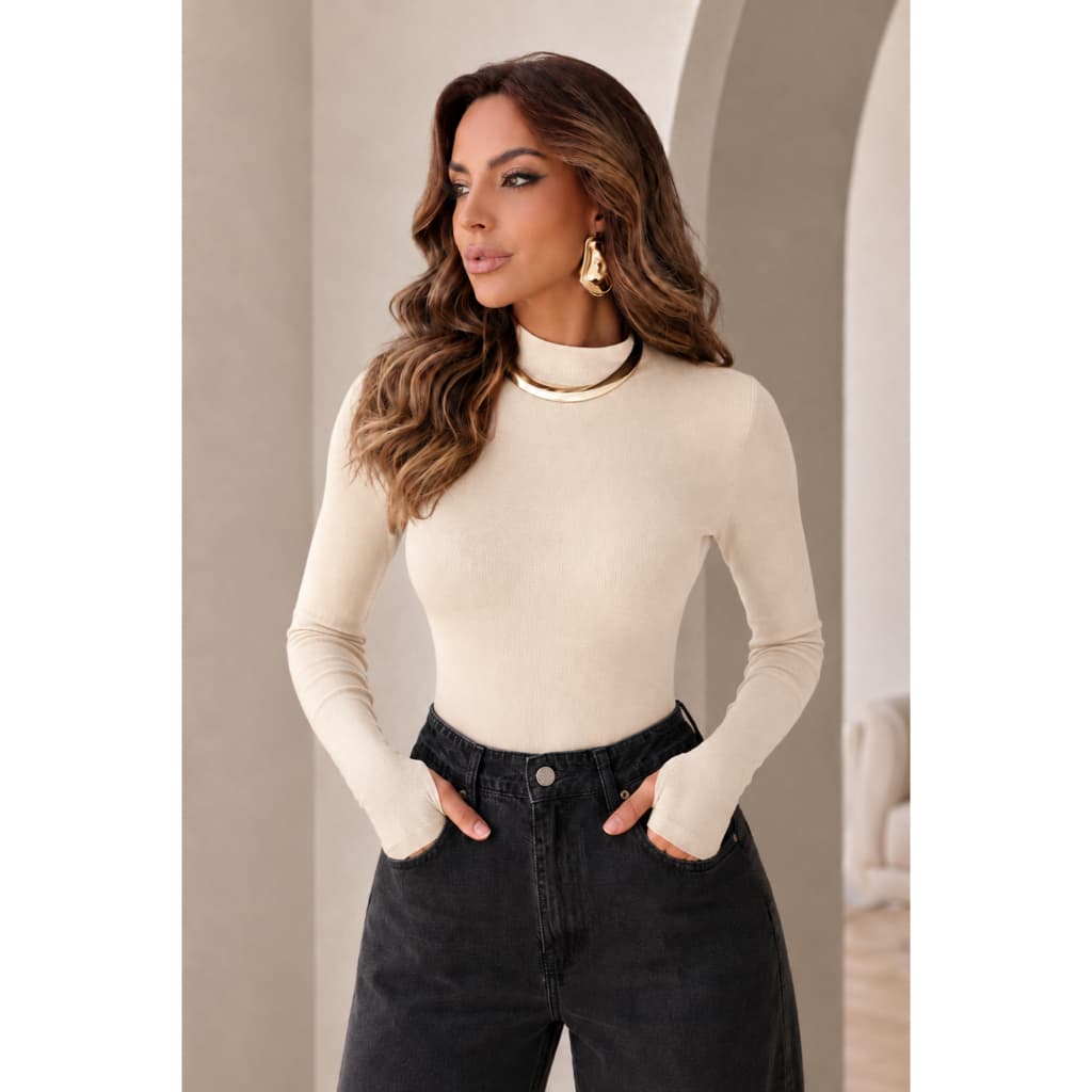 Body Feminino Gola Alta Manga Longa em Tricot Modal Canelado com Furo no Dedo Inverno Elegante