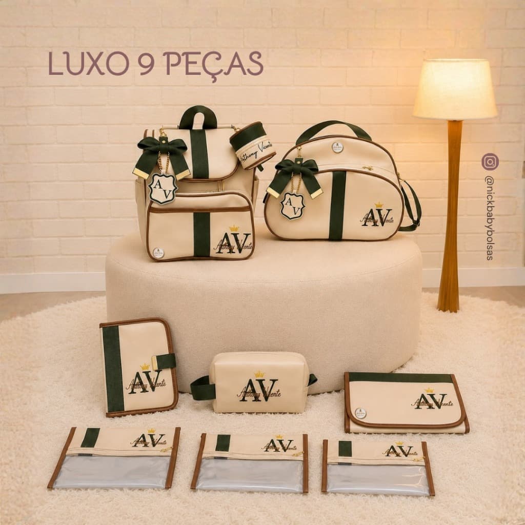 KIT BOLSA MATERNIDADE PERSONALIZADO COM 9 PEÇAS LUXO. MALA MATERNIDADE PERSONALIZADA COM NOME DO BEBÊ. NICK BABY BOLSAS