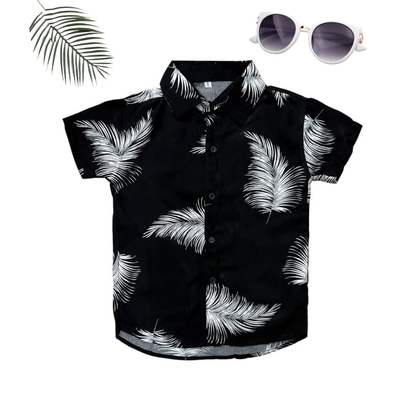 Camisa Social Masculina Infantil Estampada Pena Fundo Preto Moda Praia Juvenil havaianoo