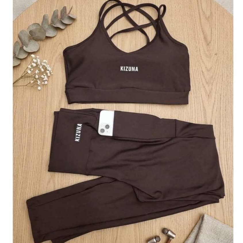 Conjunto Academia Kizuna Top e Calça Feminino Legging com Bolso Corrida Academia Treino Tecido Premium