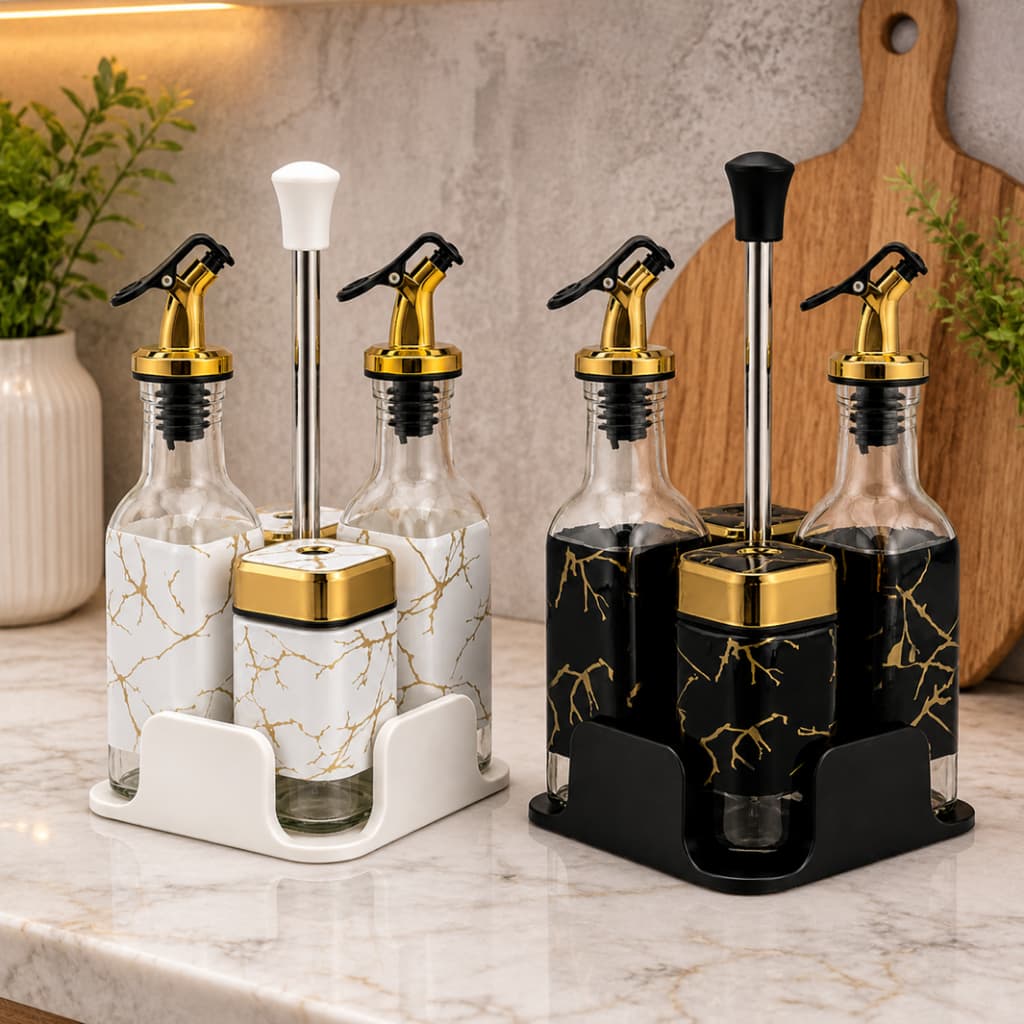 Kit Galheteiro 5 Peças Vidro Completo Porta Condimento Azeite Vinagre Saleiro Paliteiro Luxo Cozinha