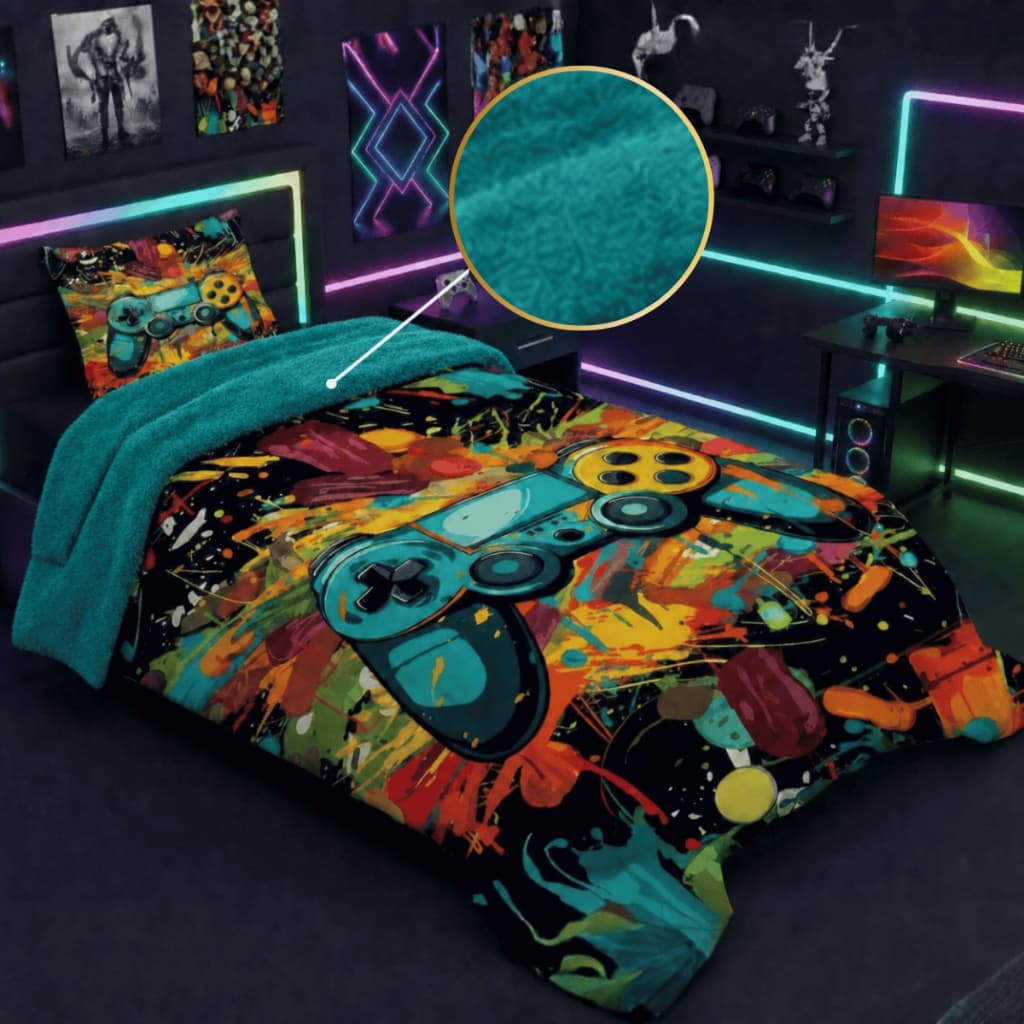 Edredom Com Sherpa Solteiro Quarto Infantil Moderno Toque Aveludado e Macio Com Fronha Estampada 2PC