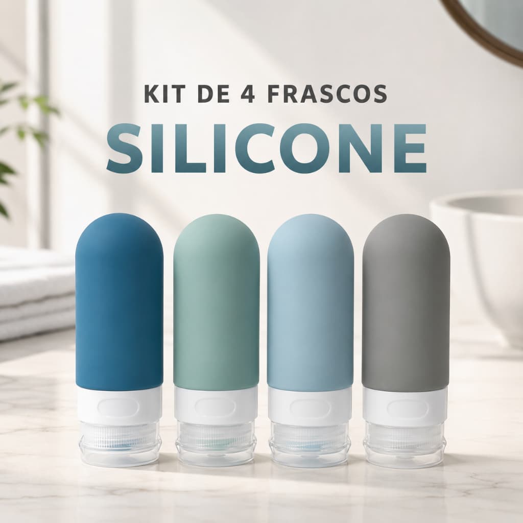 Kit 4 Frascos de Silicone para Viagem 60ml Reutilizáveis para Cosméticos Shampoo Condicionador Loção