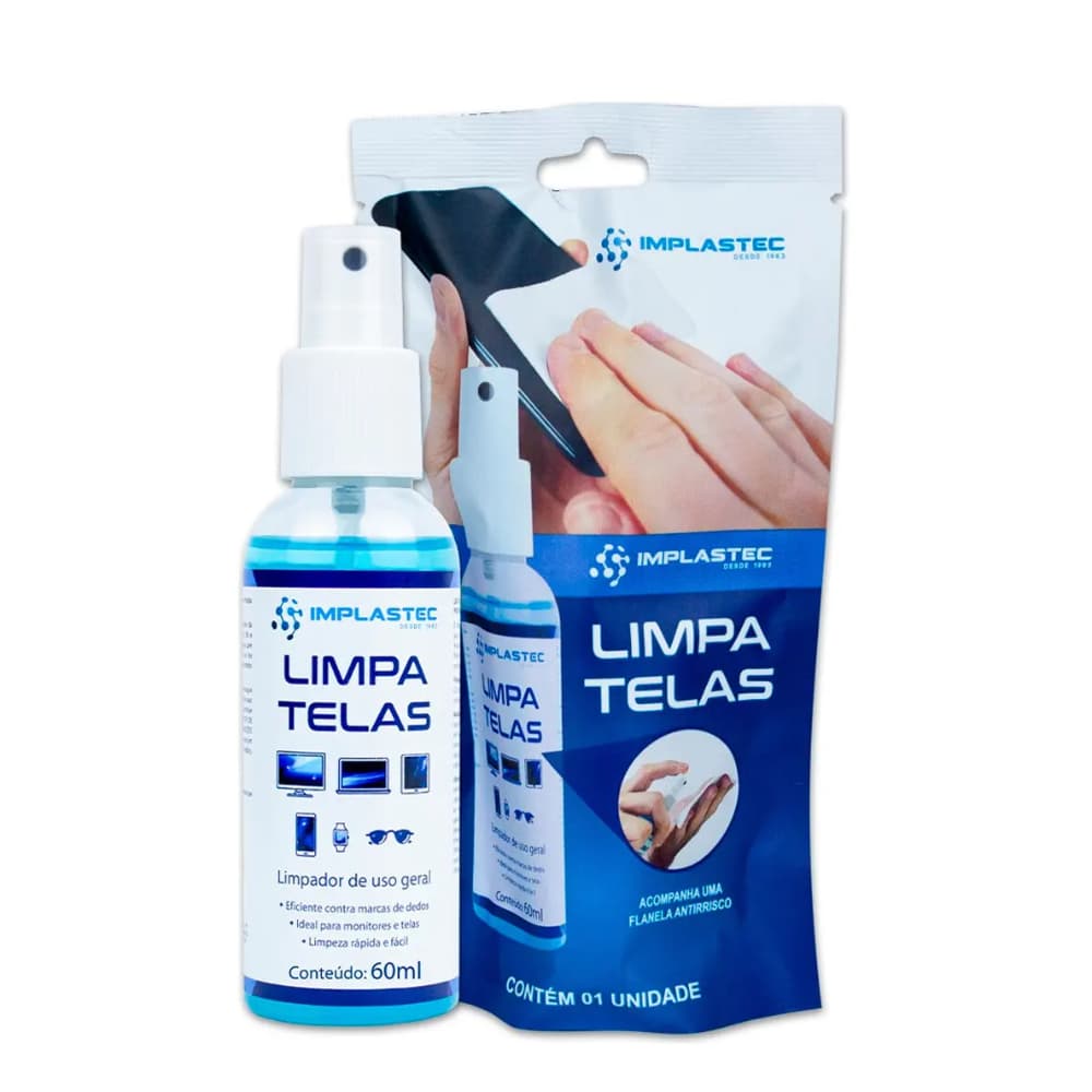 Limpa Tela Clean 60ml com Flanela Implastec PALT0030CX Celular Notebook TV Monitor