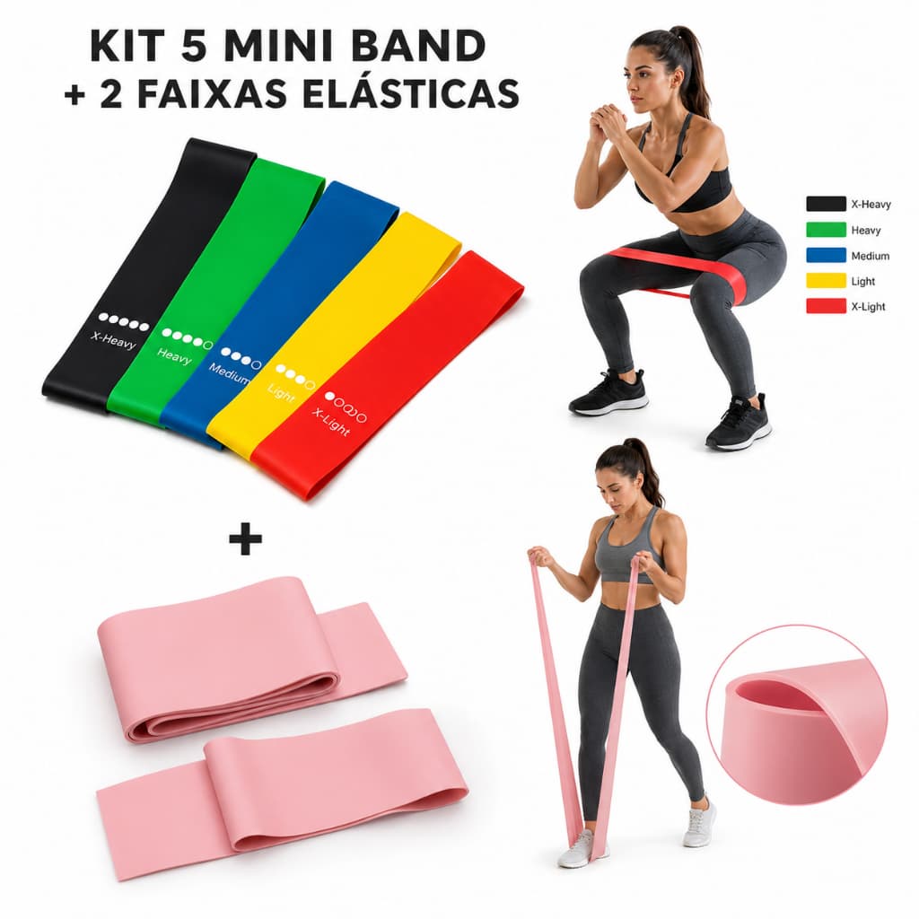 1 KIT 5 MINI BAND+2 FAIXAS ELASTICAS THERABAND EXERCICIO PILATES FISIOTERAPIA EM CASA