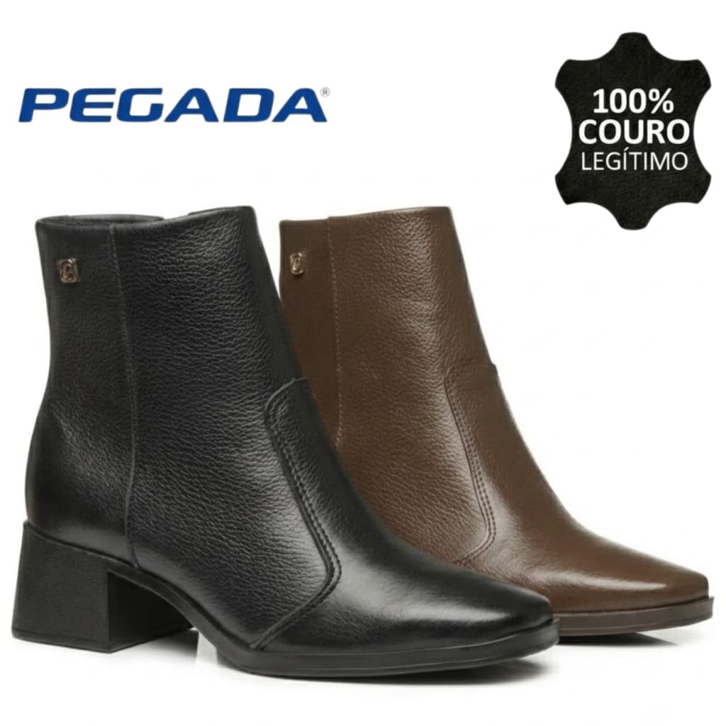 Bota Feminina Pegada Couro Cano Curto Confortável Salto Bloco Casual Dia a Dia Peluciada Inverno