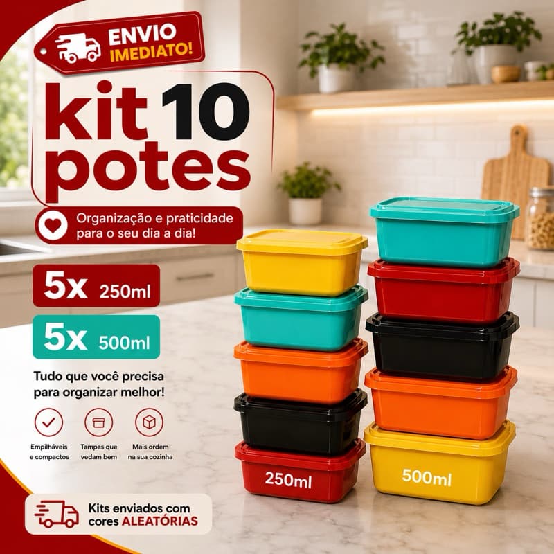 Kit 10 Potes Plásticos Retangulares com Tampa 5x 250ml + 5x 500ml Organizador de Alimentos