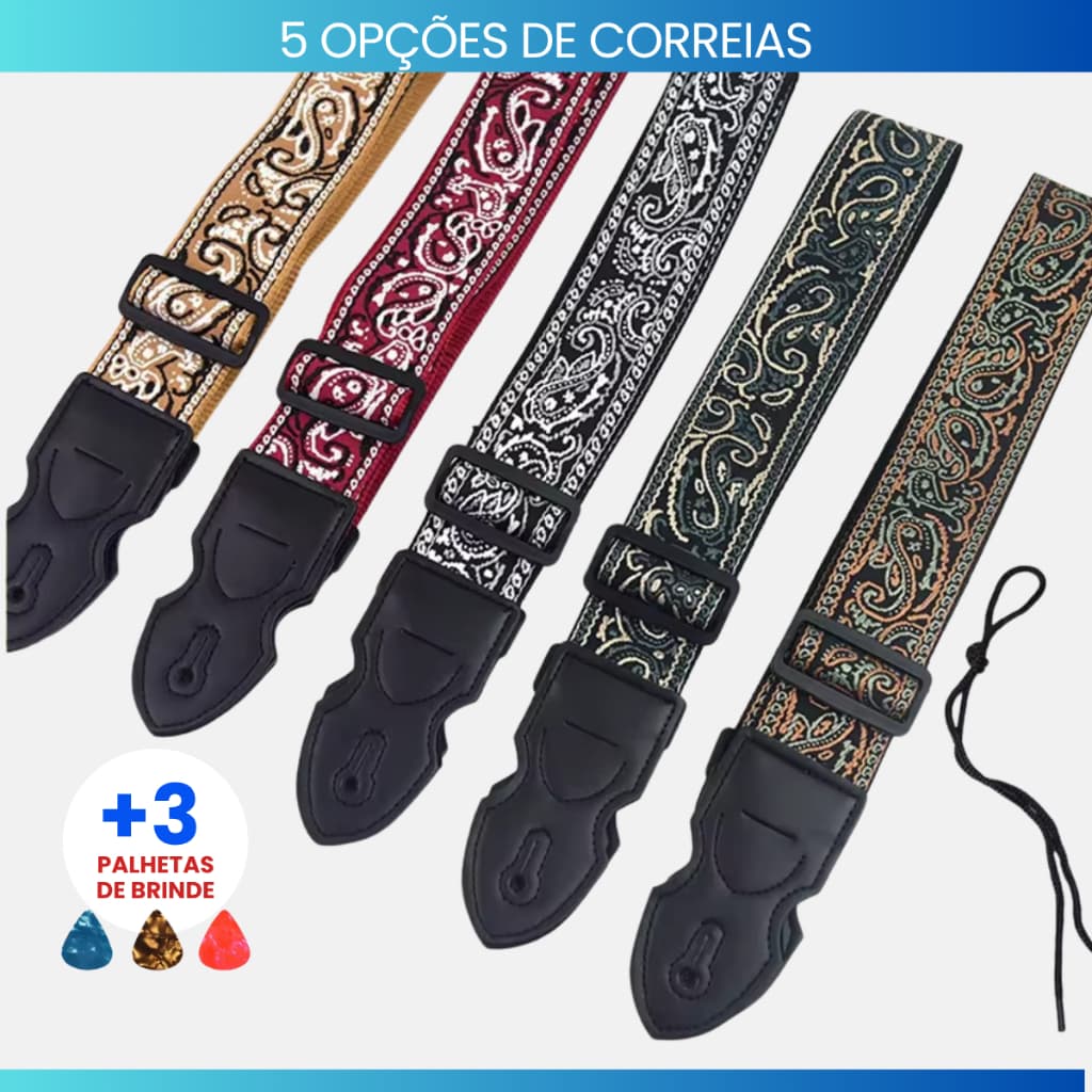 Correia Bordada Retrô para Violão e Guitarra Regulável + 3 Palhetas