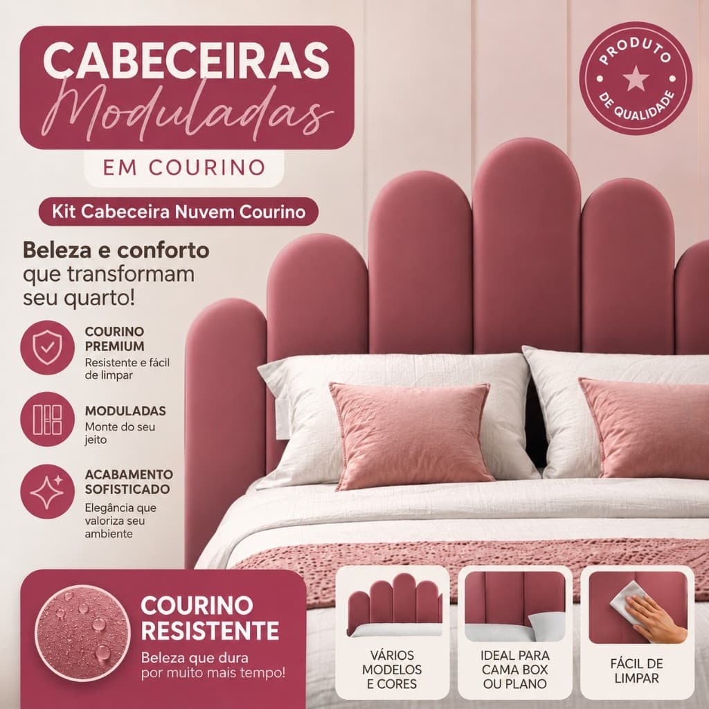 Kit de 5 a 10 Placas Estofadas 45x20cm Nuvem Courino para Cabeceira de Cama - Envio Imediato