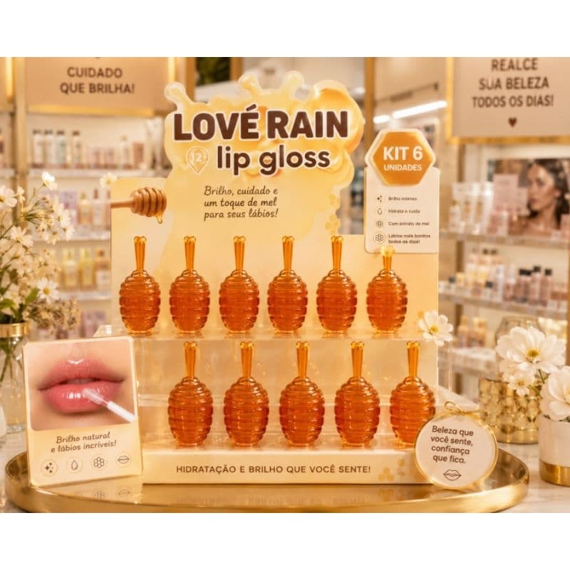 Kit 6 Lip Gloss Mel Hidratante Brilho Labial Efeito Gloss Lábios Macios Love Rain