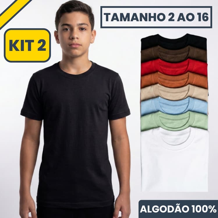 KIT 2 Camiseta Infantil Masculina Básica Lisa 100% Algodão  (Tamanho 2,4,6,8,10,12,14, e 16) Cores Variáveis