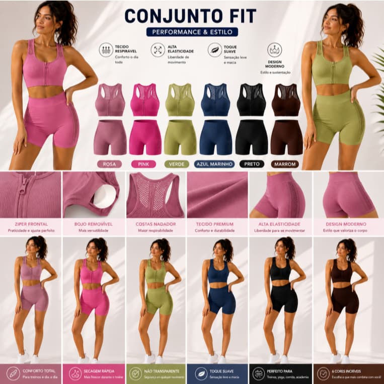 Conjunto Fitness Feminino Top com Zíper Frontal e Short Cintura Alta Academia Yoga