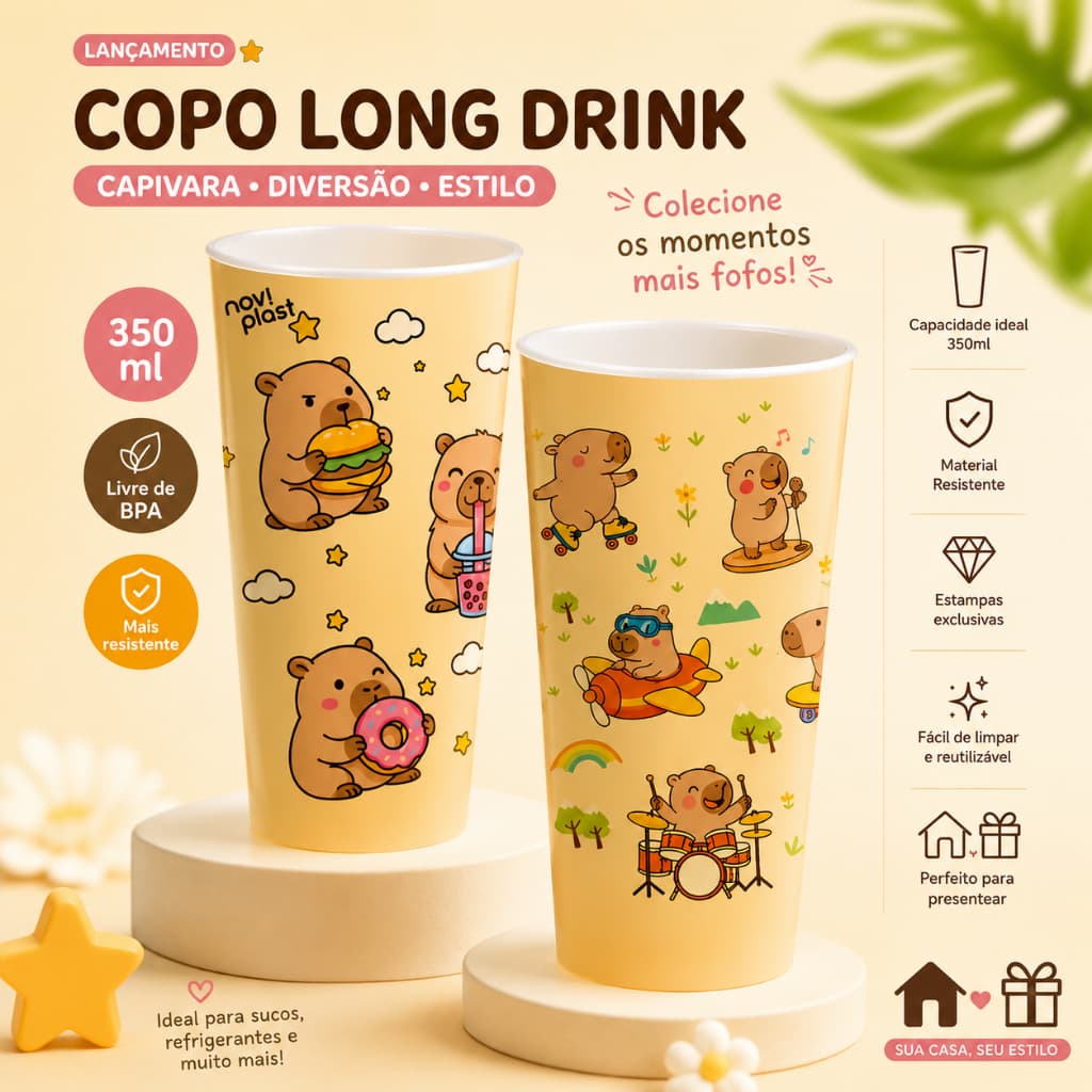 Kit Copos Decorados Capivara Sortidos Infantil de Plástico - 350ml Lembrancinha Copo Surpresa