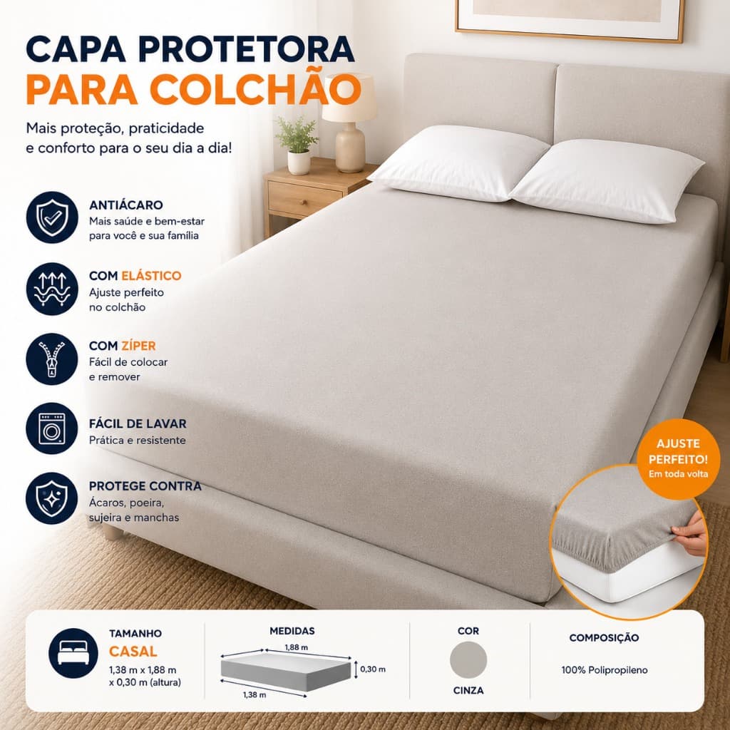 Capa Protetora Para Colchão Casal Com Zíper Elástico Antiácaro Lavável 100% Polipropileno Cor Cinza