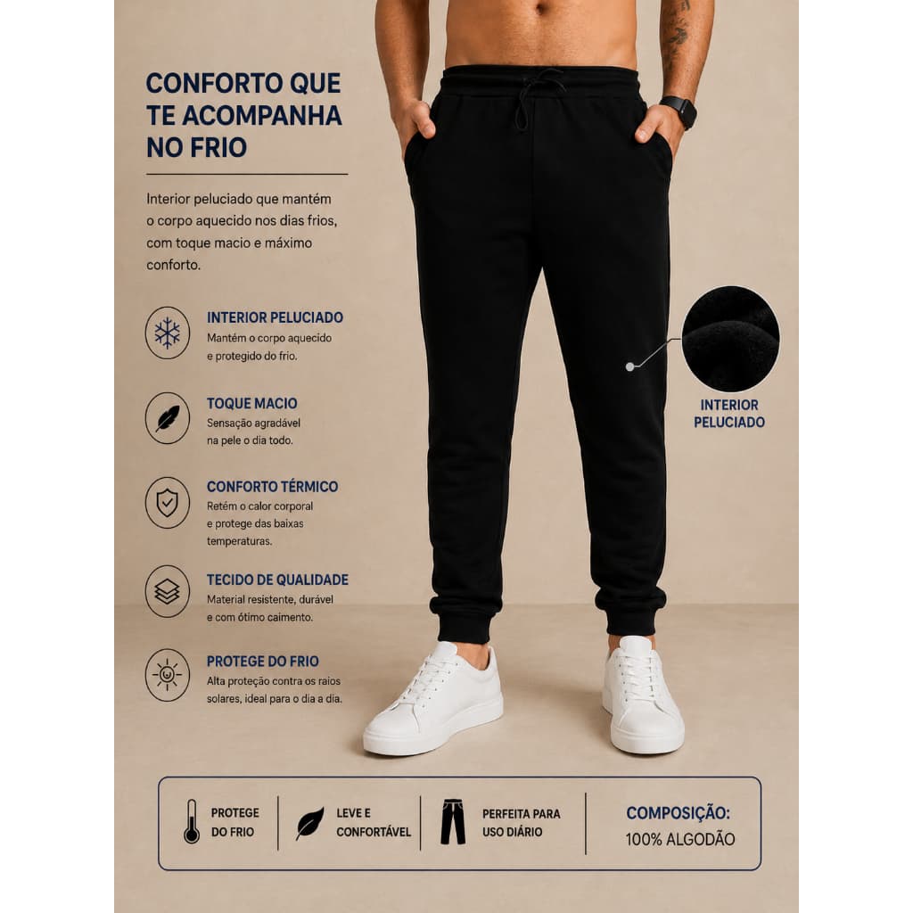 CALÇA MOLETOM MASCULINA PREMIUM SEA SOUTH 100% ALGODÃO - PRETO - PELUCIADA FLANELADA COM PUNHO BOLSO E CORDÃO NA CINTURA