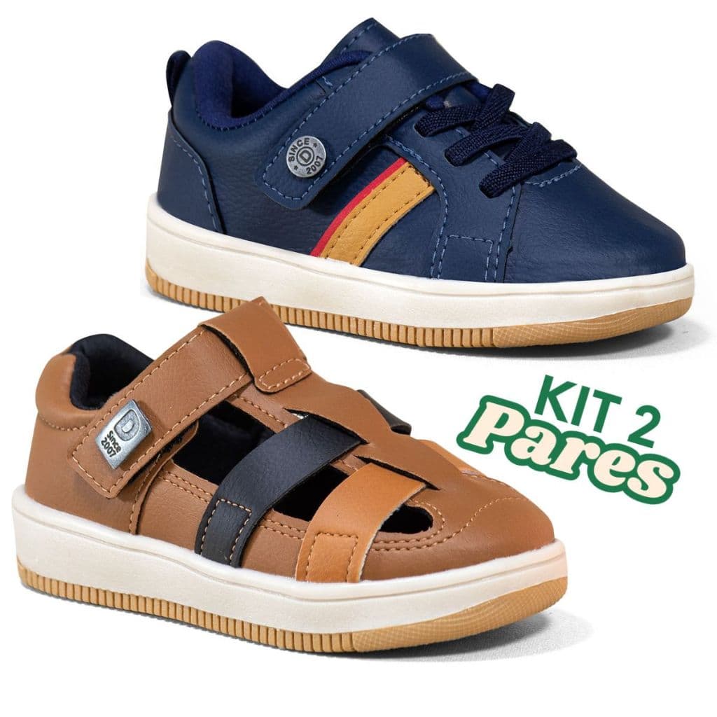 Kit 2 Pares Tênis Infantil Menino Casual Calce fácil Leve Confortável Marinho Caramelo Preto