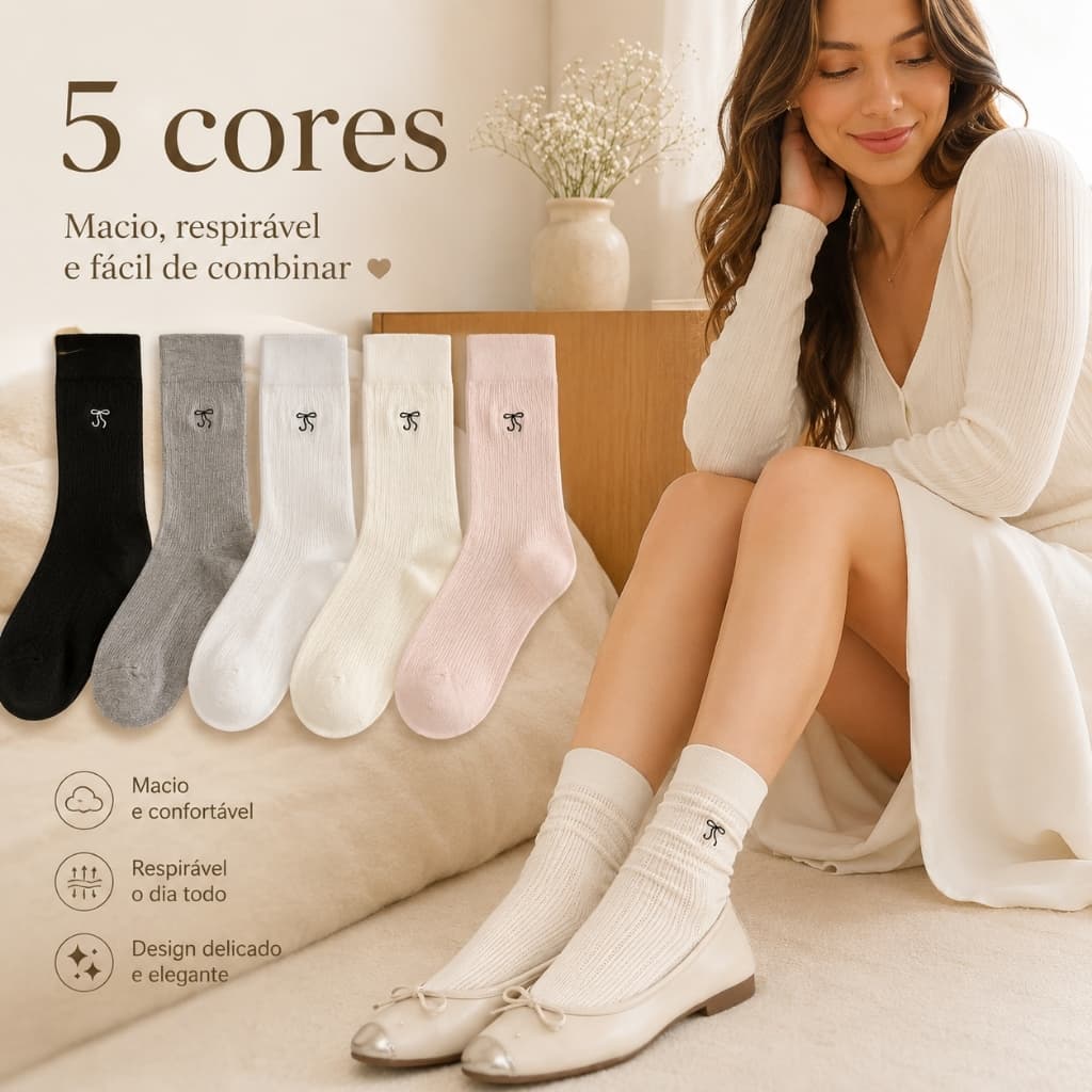 Kit 6  Pares Meia Feminina Cano Médio Canelada Laço Bordado
