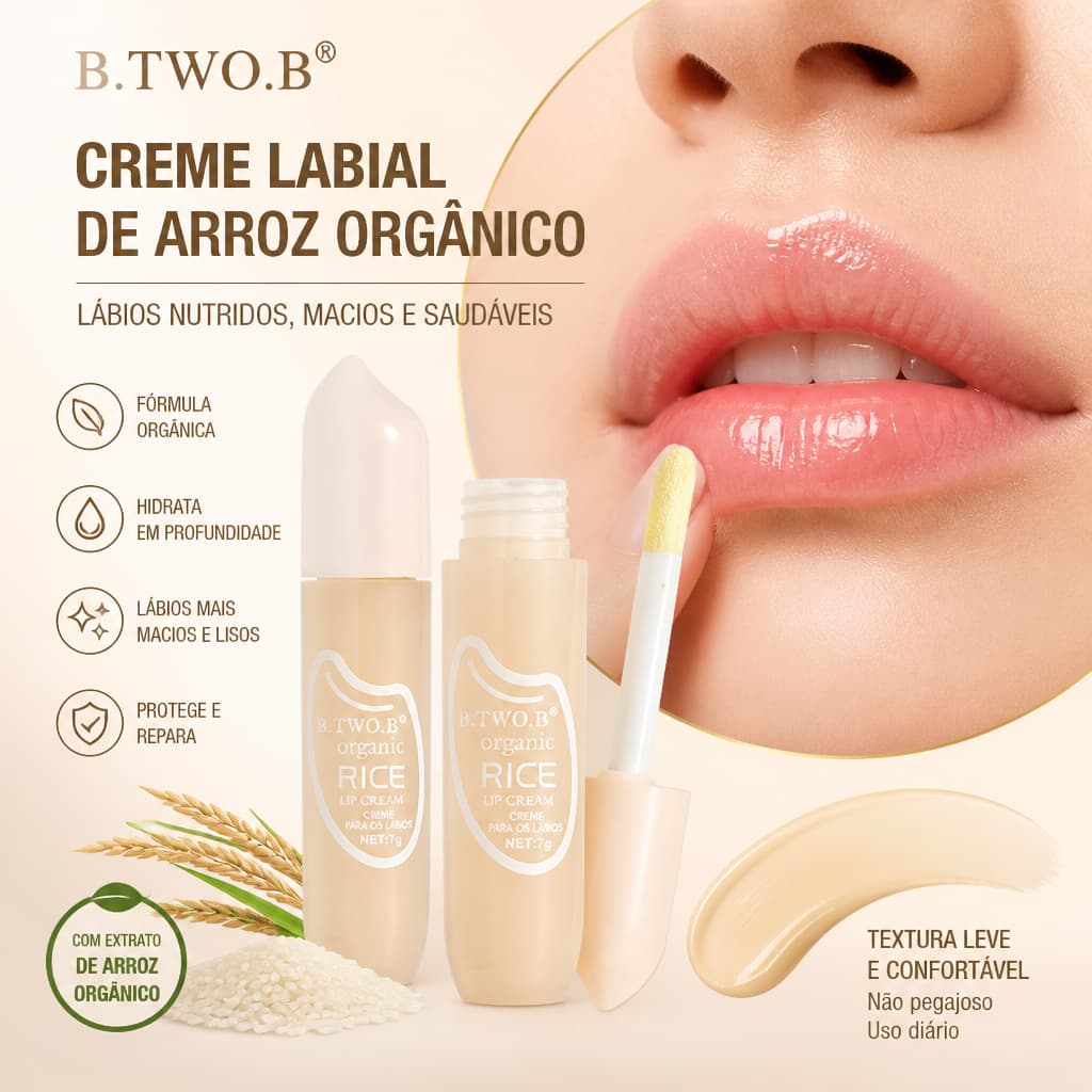 B.TWO.B Creme Labial de Arroz Orgânico Hidratação Profunda Textura Leve Não Pegajoso Repara Lábios Ressecados