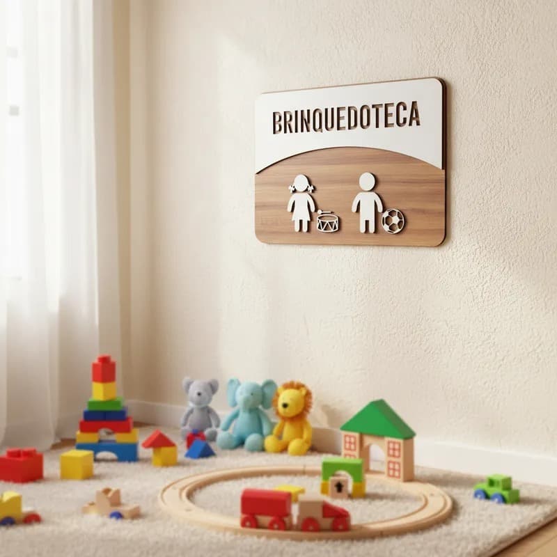 Placa de Sinalização Brinquedoteca MDF Alto Relevo 30x21cm Para Porta