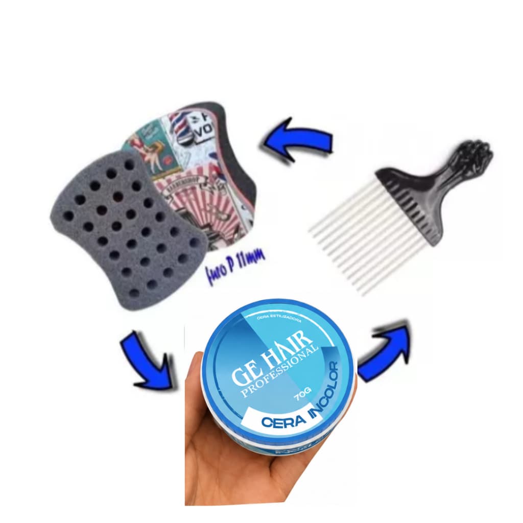 Kit Completo c/  1 Esponja Nudred + 1 Pente Garfo Aço + 1 Cera Modeladora