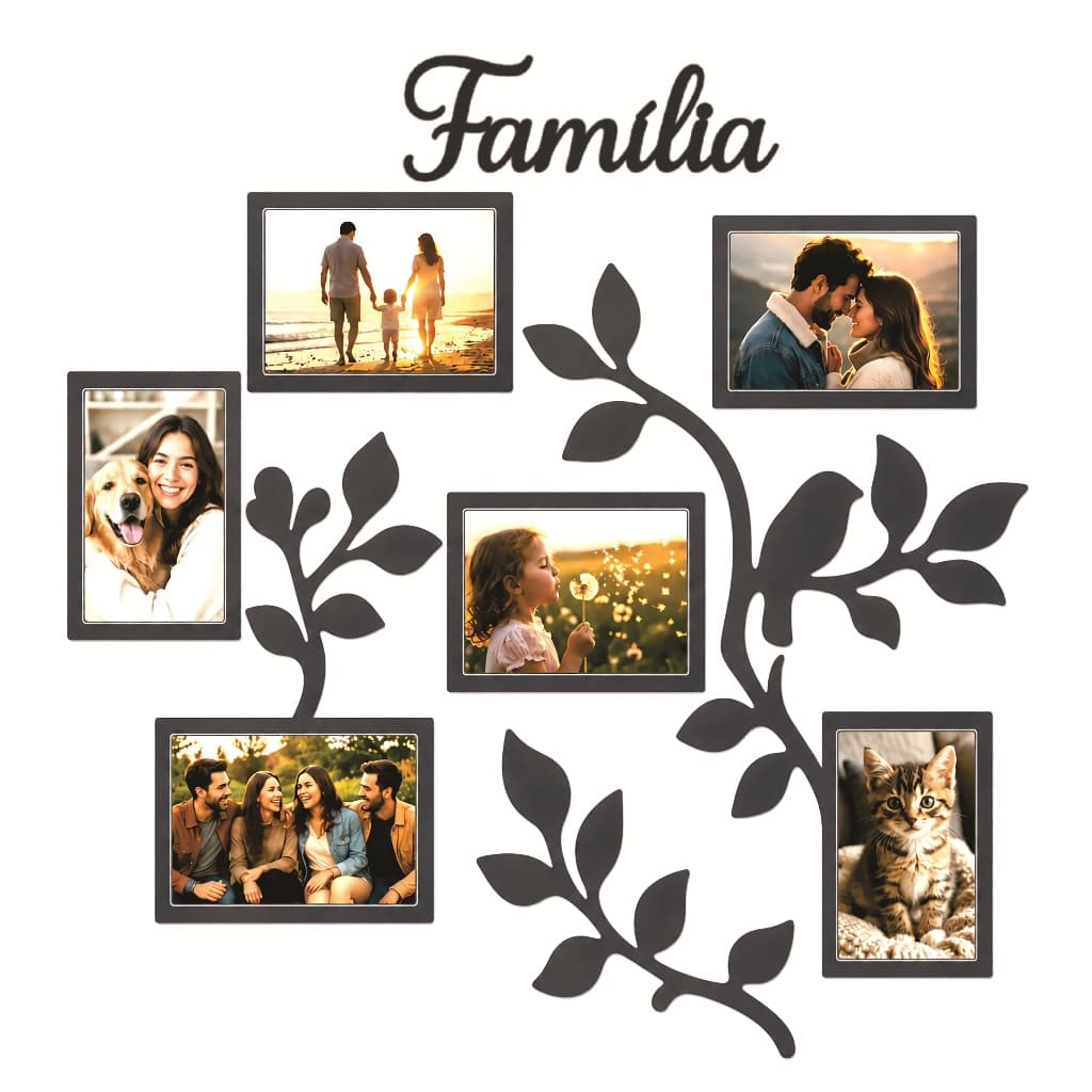 Porta Retrato de Parede Família Galhos Mural Com 6 Espaços Para Fotos em Mdf 3mm Preto Vazado