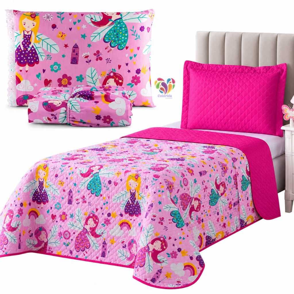 Kit Cobre Leito Matelado Dupla Face + Jogo Lençol Solteiro Estampa Infantil