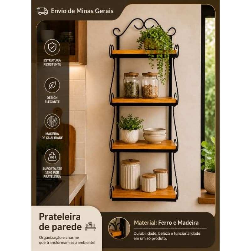 Prateleira artesanal de parede resistente estante de parede ferro e madeira