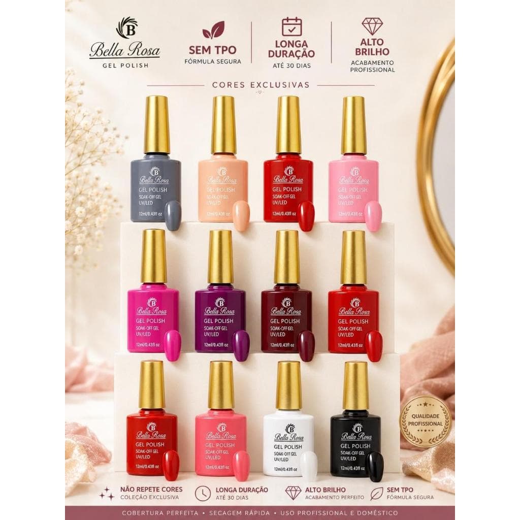 Kit 12 OU 5  Esmaltes em Gel Led Uv COLEÇÕES p/ Unhas Manicure 12ml Bella Rosa MANICURE SECA CABINE SEM TPO