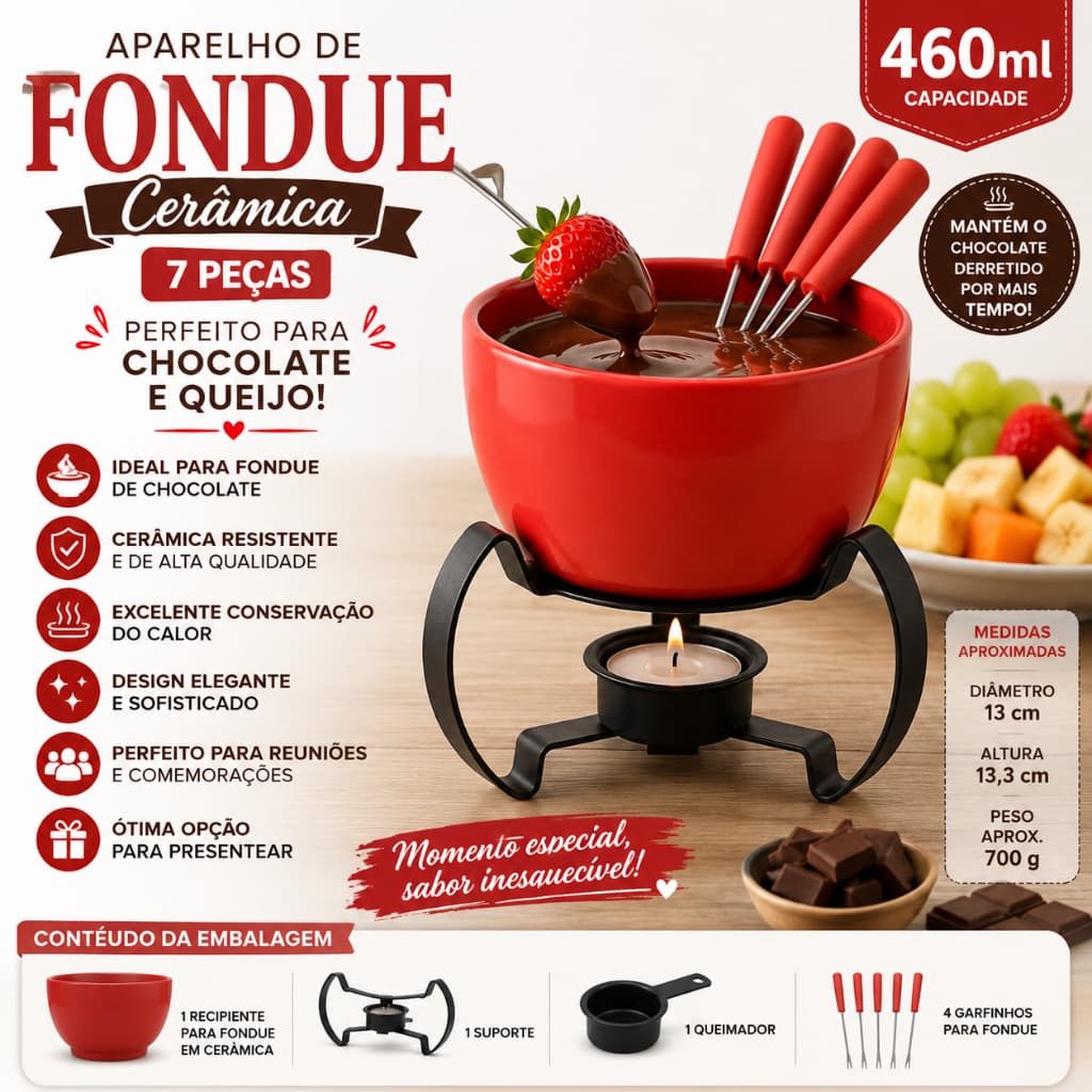 Fondue 7 Peças Ceramica Kit Completo com Garfinhos e Rechaud Queimador Para Queijo e Chocolate
