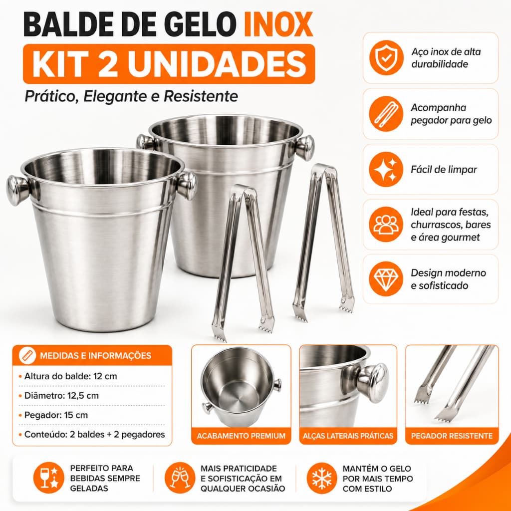 Kit 2 Baldes de Gelo Inox com Pegador Balde para Bebidas Festa Churrasco Bar Gourmet Envio Imediato